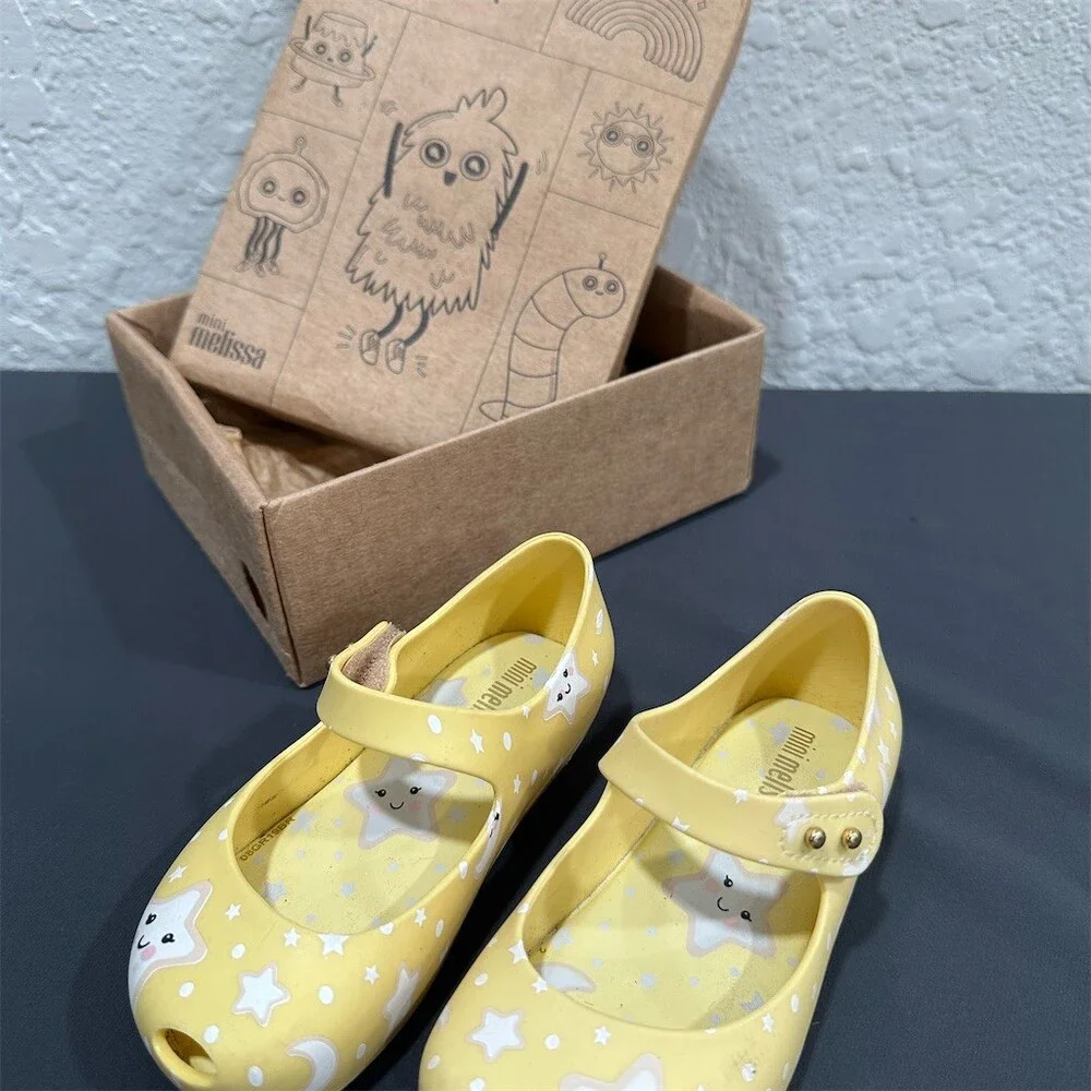 Mini Melissa Girls Mary Jane Jelly Flats Yellow Star & Moon Print Size 8